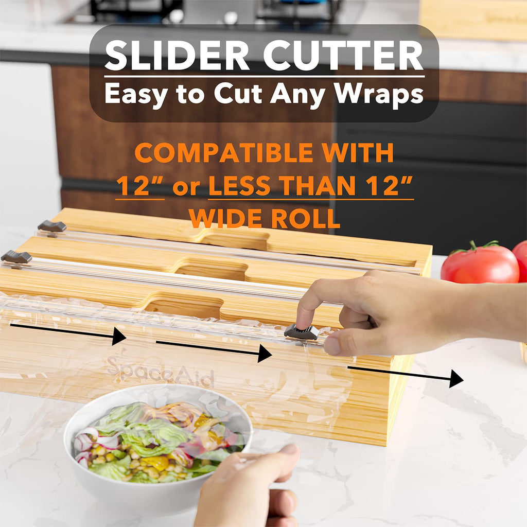 WrapNeat 3 in 1 Wrap Organizer with Cutter and Labels, Plastic Wrap, Aluminum Foil and Wax Bamboo Dispenser Storage
