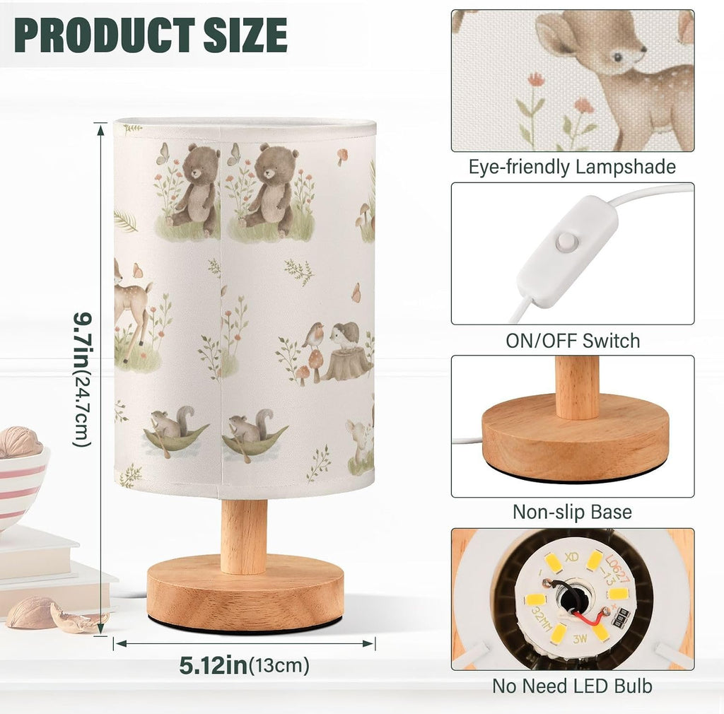 Bedside Table Lamp Woodland Animals Nightstand Lamp with Wood Forest Fox Deer Rabbit Bird Bear Mushroom Desk Lamps
