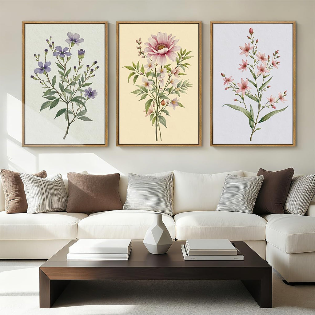 Boho Floral Canvas Wall Art, Framed Minimalist Beige Wildflower Wall Decor, Neutral Botanical Painting 16x24 Inch Set