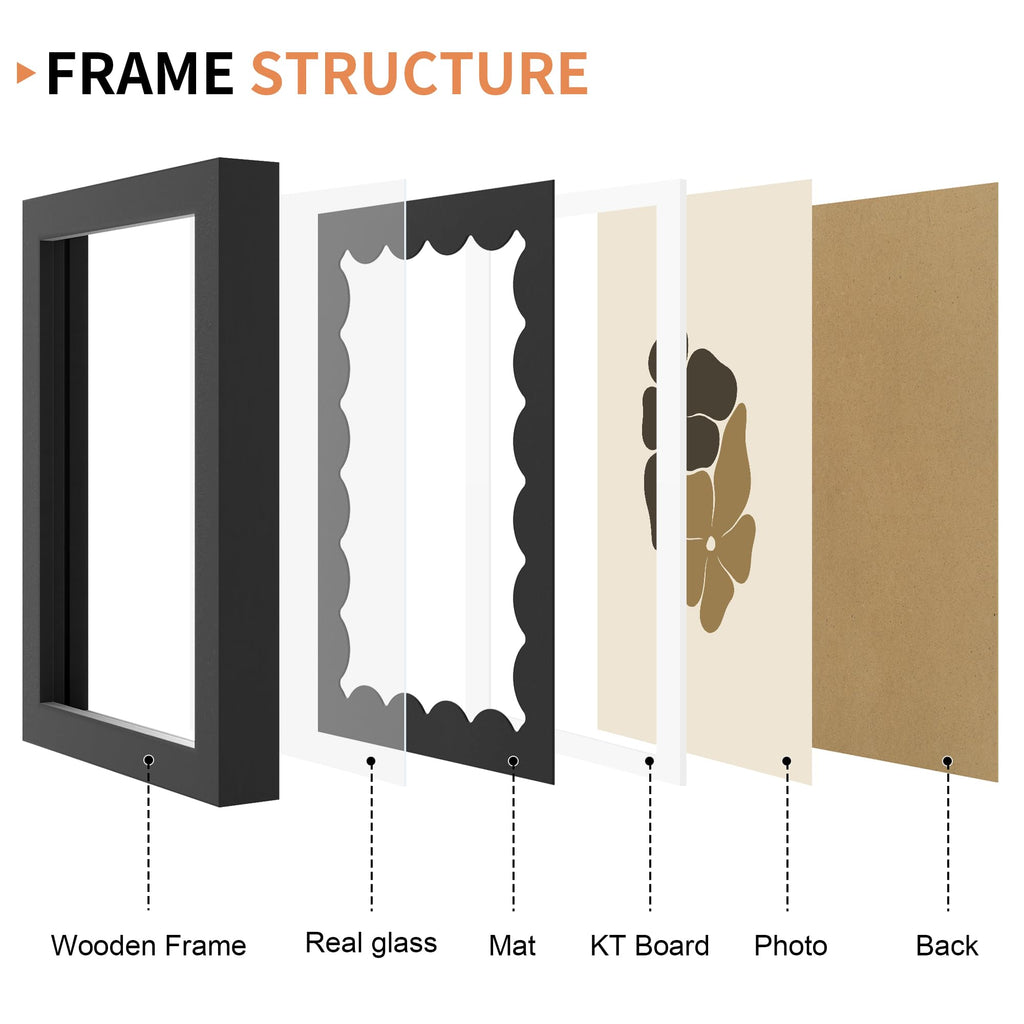 5x7 Picture Frame with Real Glass, Wooden cute 5 x 7 Photo Frame with Wavy Mat for Tabletop and Wall Hanging, Black