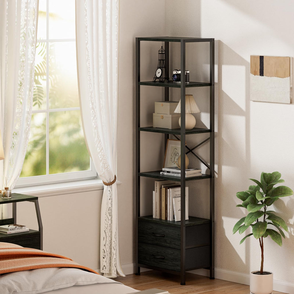 5-Tier Tall Corner Shelf, Narrow Bookshelf with Drawers