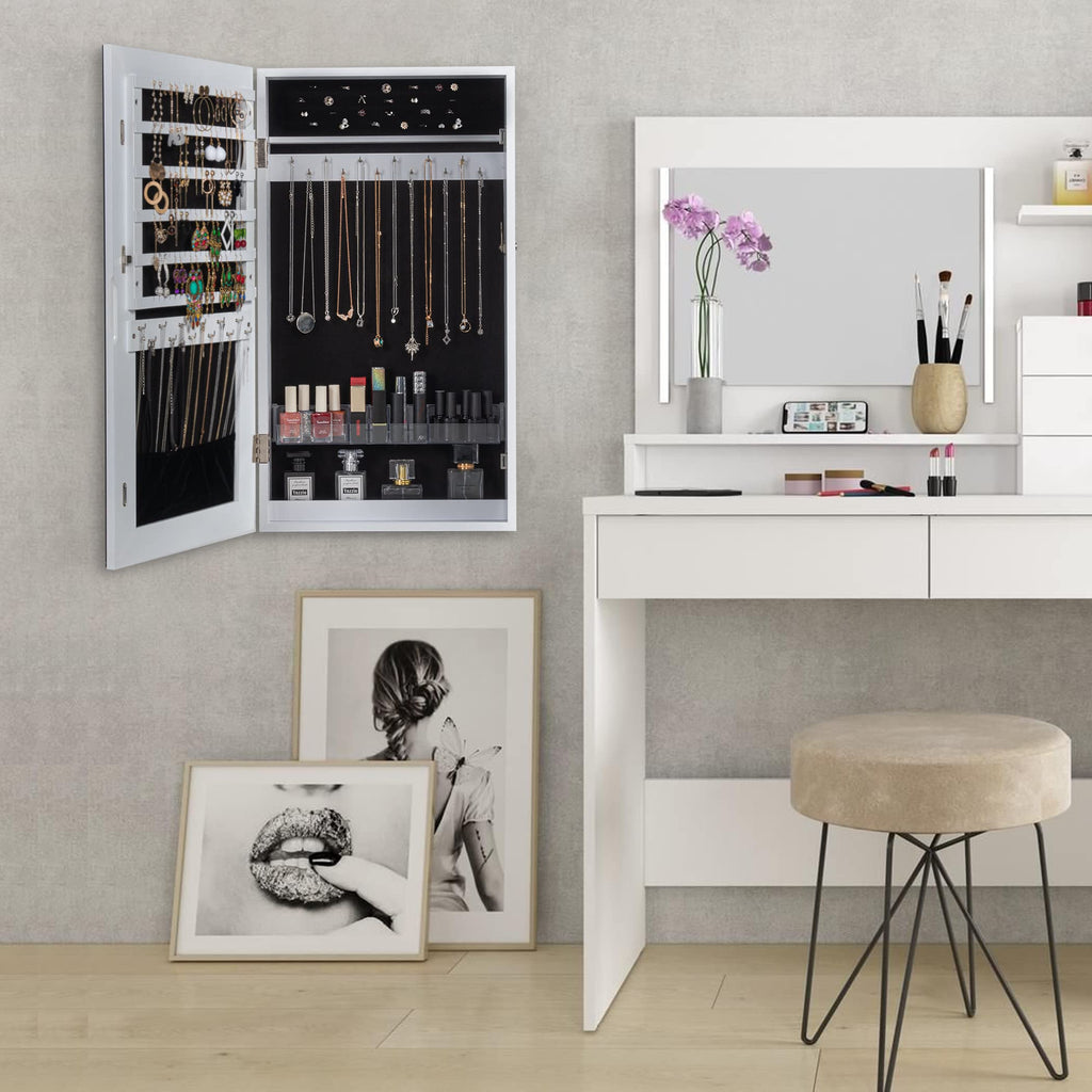Lockable Jewelry Cabinet Armoire with Frameless Mirror - White