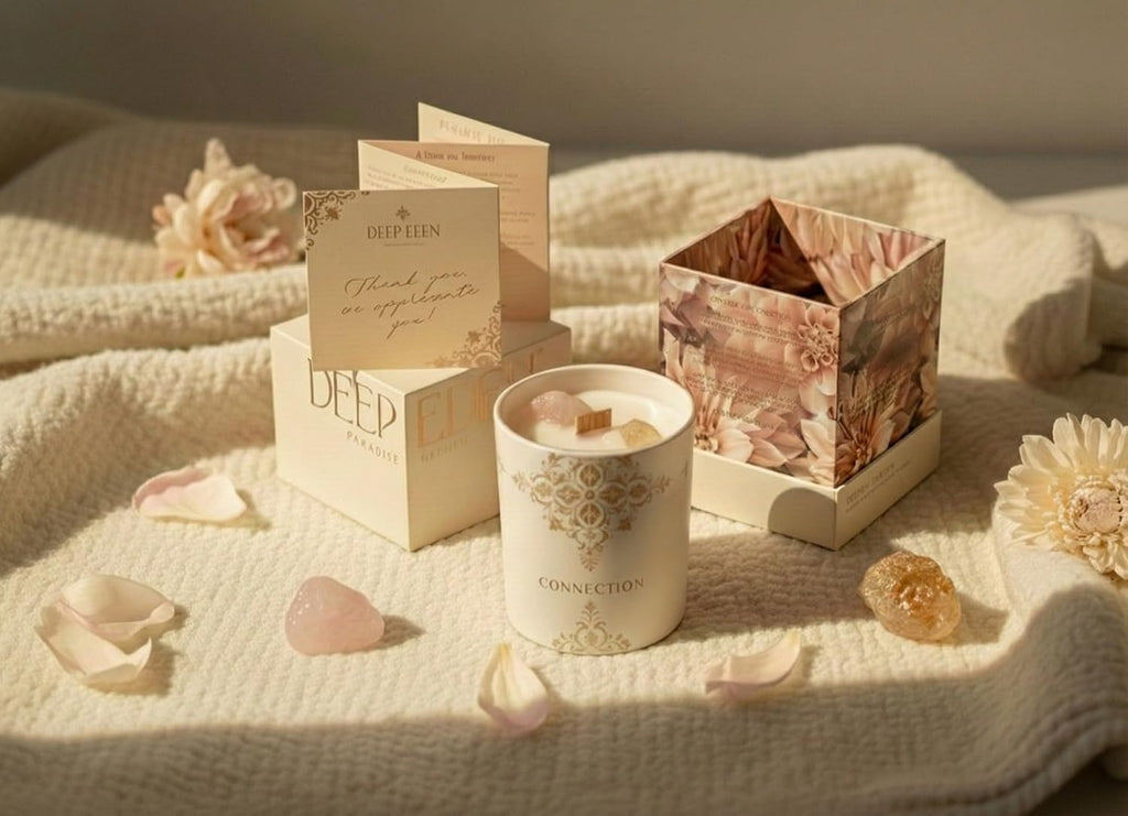 Healing Crystal Candle Gift for Women - Vanilla Cashmere Luxury Soy Candle with Crystals - Rose Quartz & Citrine - Set of 74