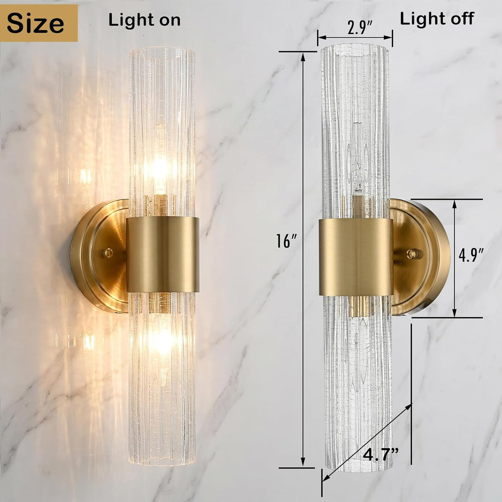 Modern Gold Wall Sconce with Crackle Reeded Glass Shade | Gold 2-Light Wall Light, E12 Indoor Wall Lighting for