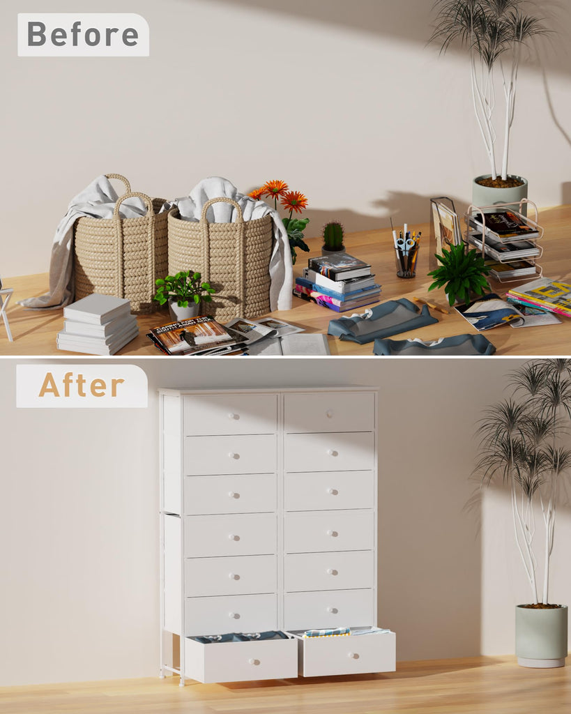 Tall Fabric Dresser, Vertical Storage Organizer Tower with 7 Drawers, Chest of Drawers with Bins, Steel Frame, Wood