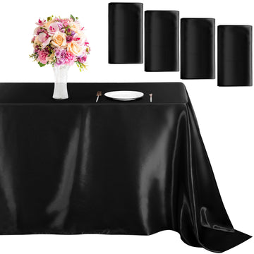 4 Pack Satin Rectangular Tablecloth, 102 x 58 Inches, Black