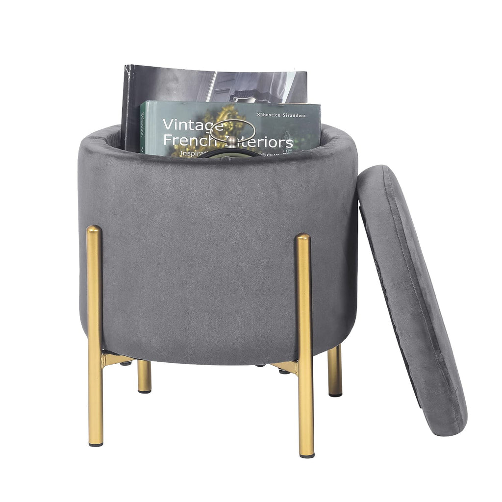 Upholstered Tufted Round Storage Ottomans, Grey Modern Velvet Footrest Ottomans with Storage for Couch