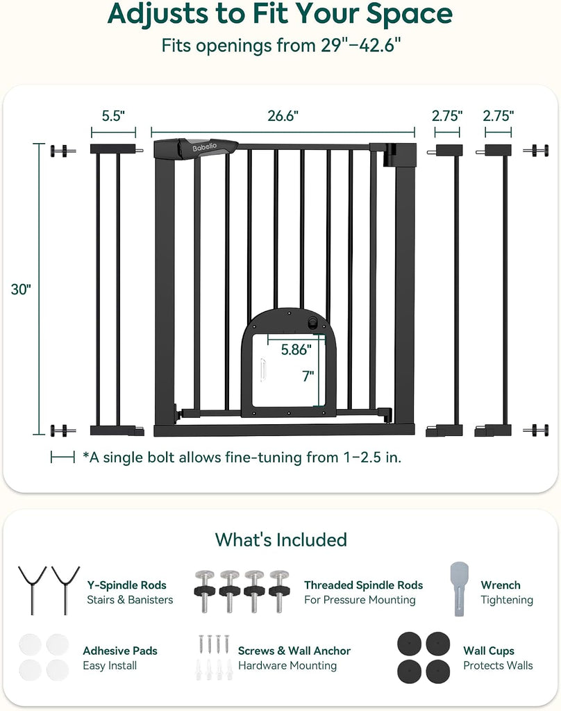 Dog Gate with Adjustable Cat Door, CatPrivilege III, 29-43", Black