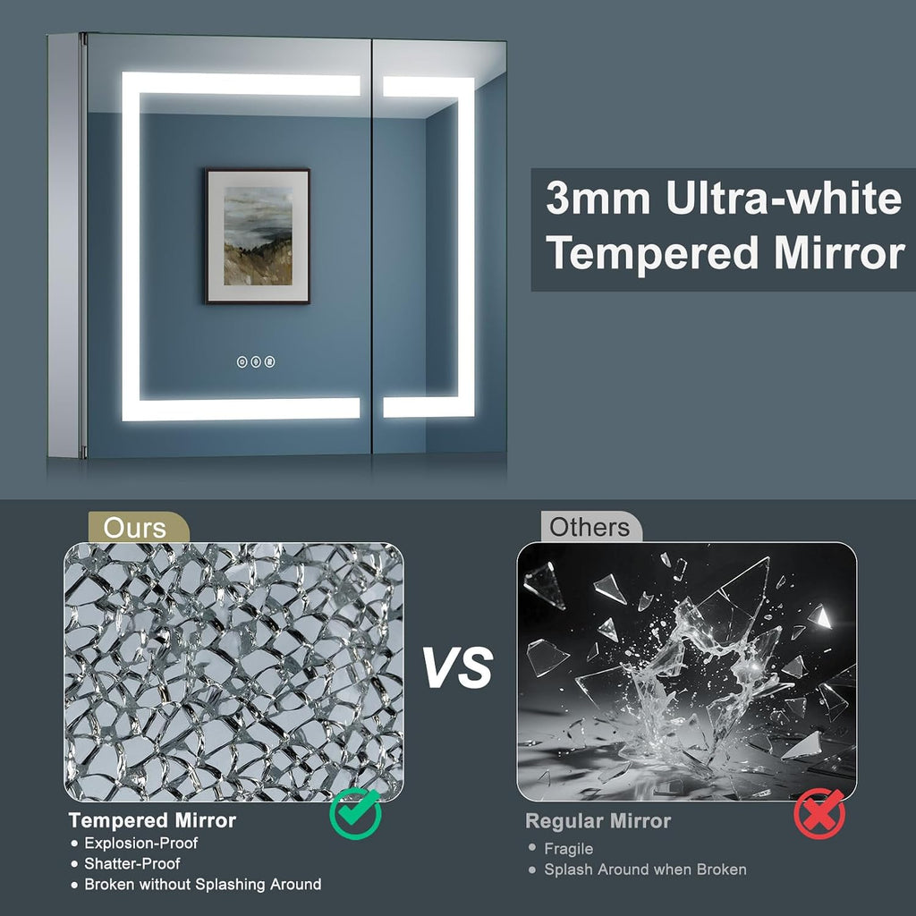 Upgraded Tempered-Mirror Medicine Cabinet with Lights 24x26 inch, Plug-in or Hardwired, Anti-Fog/3 Colors/Dimmable