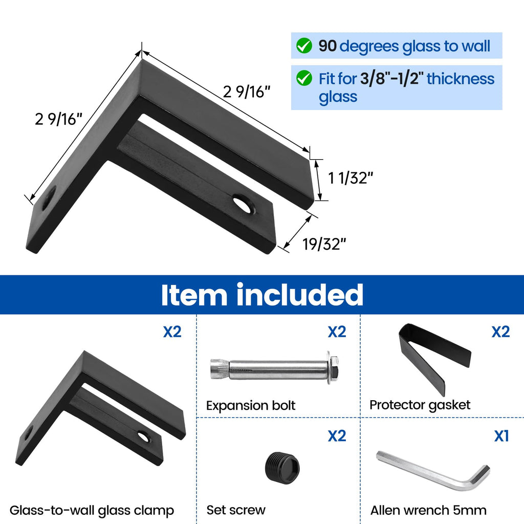 2Pack Black Glass Railing Clamp 90 Degrees Wall-to-Glass GA09 BB4