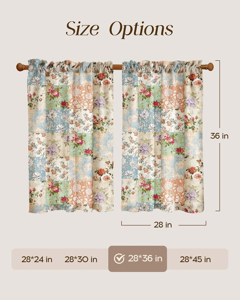 Boho Kitchen Curtains - 36 Inch Length Linen Blend Vintage Floral Cafe Curtains Country Tier Curtain Short Drapes Rod
