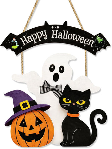 Halloween Wreaths for Front Door Welcome Sign for Happy Halloween Wall Decorations Wooden Boo Ghost Black Cat Pumpkin
