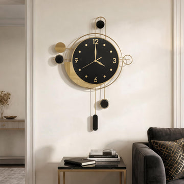 Modern Wall Clock Black Gold with Pendulum, Decorative Metal Clock