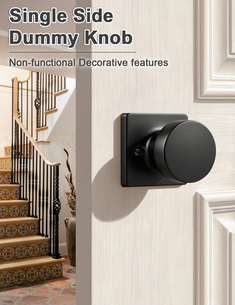 Dummy Door Knob Matte Black Finish, 2 Pack Standard Size Interior Door Handles Single Sided Dummy Door Handles, Flat