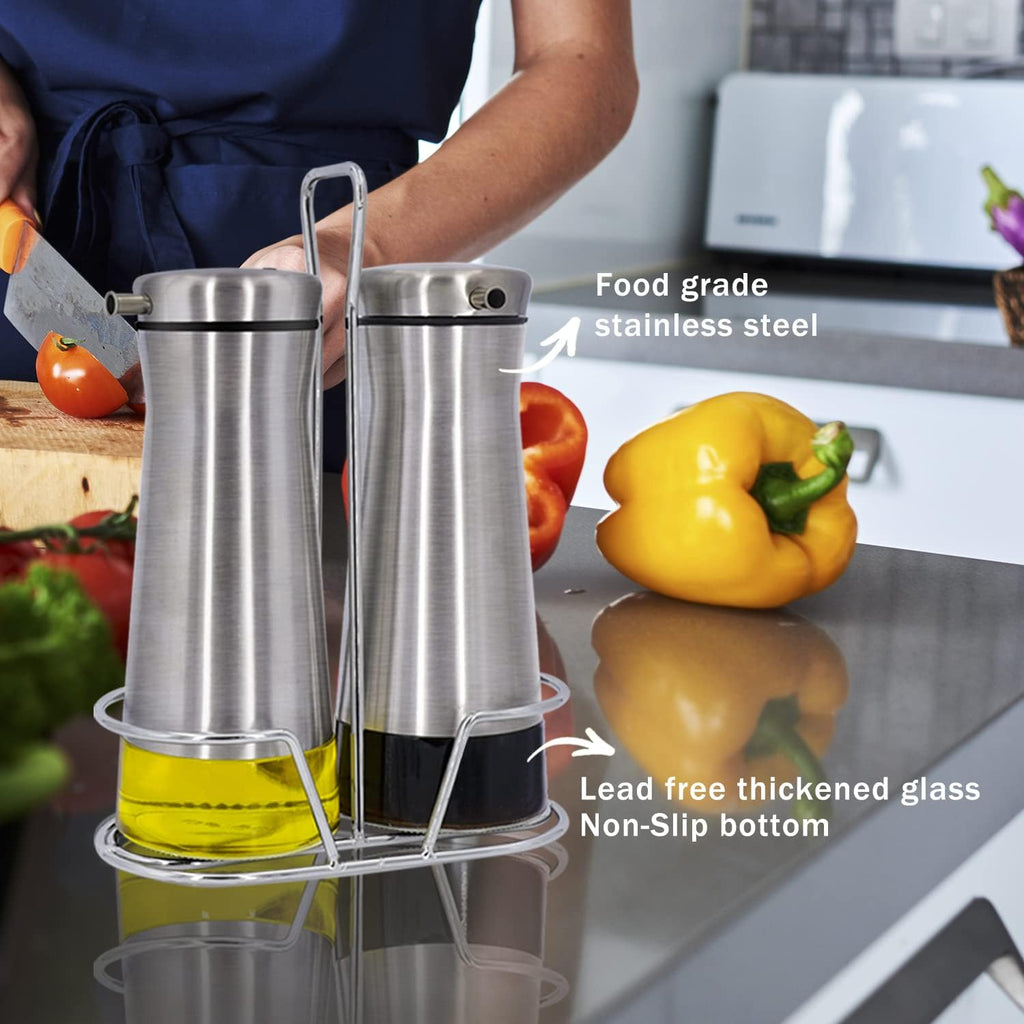 Oil And Vinegar Dispenser Set with Caddy - 2 Pack Oil Dispenser Bottle with No-Drip - Kitchen Decor and Accessories - Set of 2