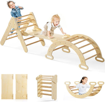 Triangle Set 7 in 1 Climbing Toys for Toddlers 1-3 Inside Foldable Wood Montessori Jungle Gym with Ramp Slide Arch