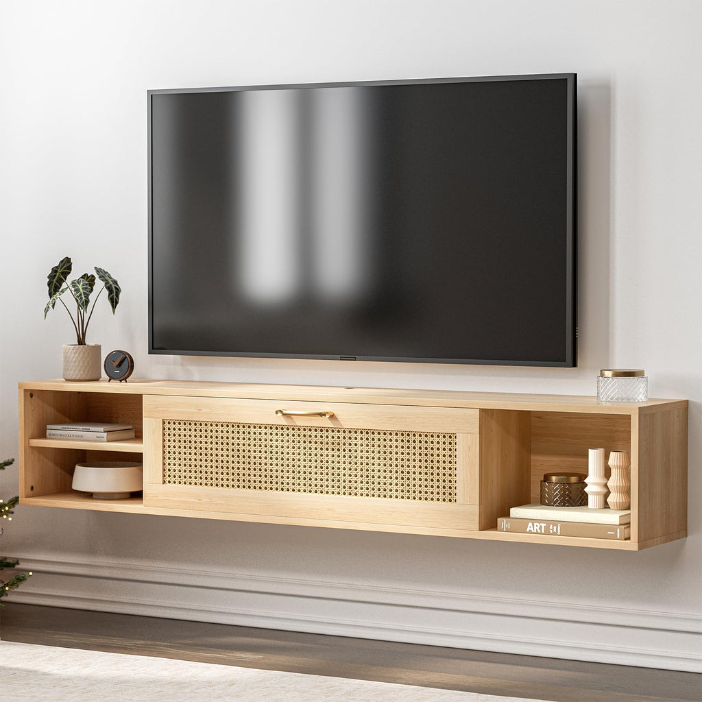 Floating TV Stand with Rattan Door and Large Storage TV Shelfs, Wood