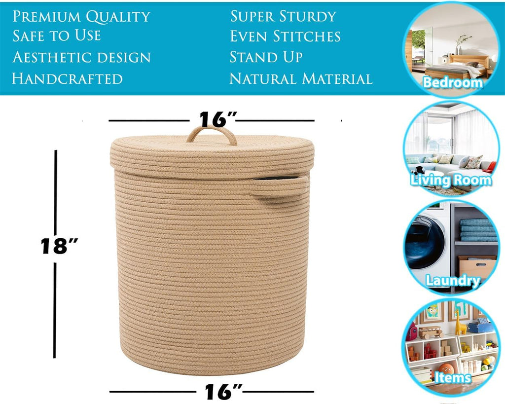 16x18 Inch Extra Large Round Cotton Rope Storage Basket with Lid, Decorative Woven Bin with Cover Bedroom Closet