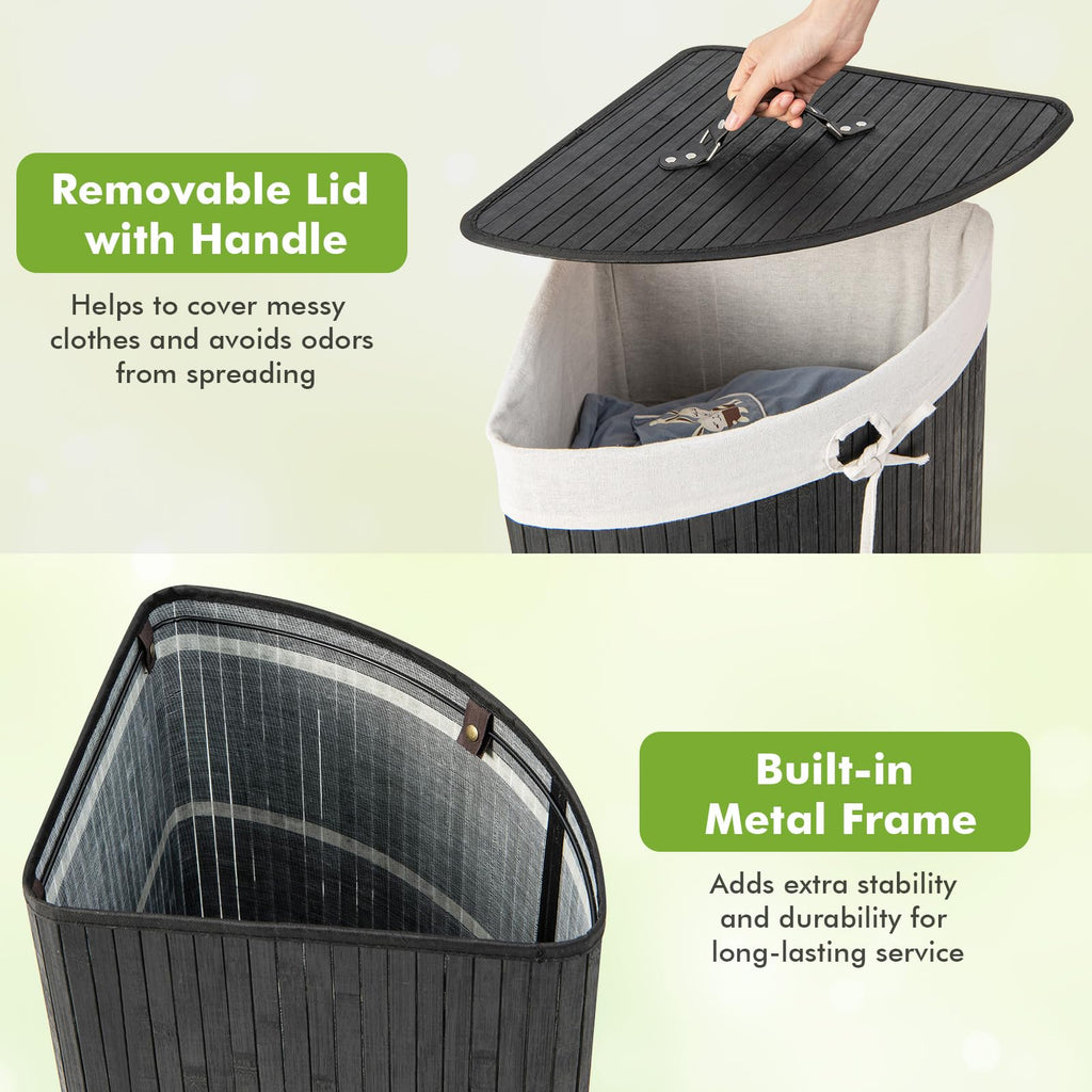 58 L Corner Laundry Hamper with Lid, Removable Liner & Handle Black