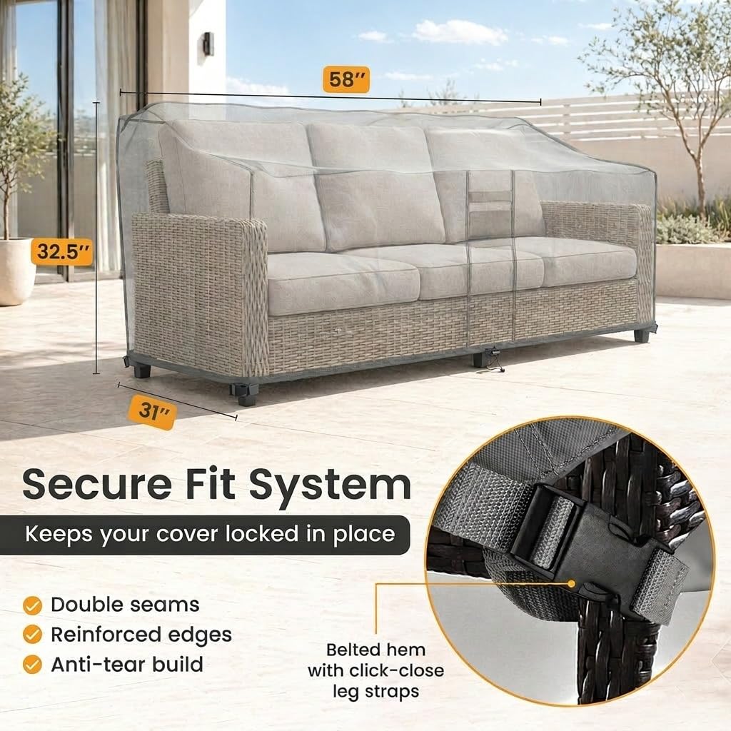 Outdoor Loveseat Cover Waterproof, 2-Seater Patio Couch and Sofa Cover with Air Vents and Leg Straps - 58" W x 31" D