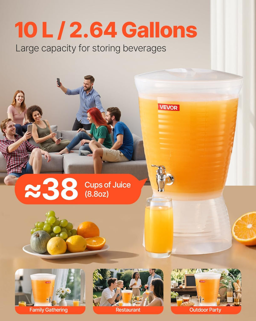 Beverage Dispenser, 2.64 Gallon Drink Dispenser for Parties, Plastic Juice Dispensers with Spigot Ice Chamber, Iced