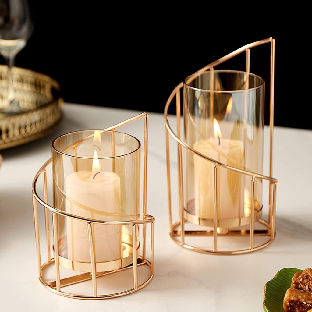 Metal Wire Candle Holder Set of 2, Glass Pillar Candle Holders Gold Decorative Tea Light Candleholders Decor Table