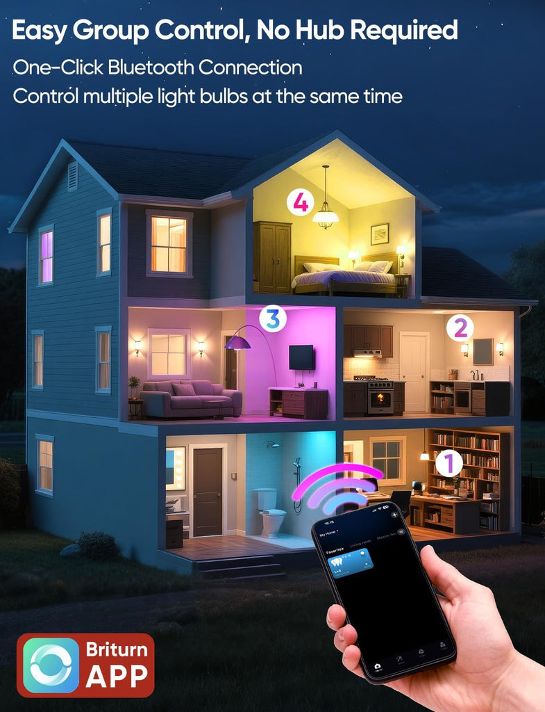 Smart A19 LED Light Bulbs, 60W Equivalent 800LM Color Changing E26 9W Bluetooth Light Bulbs with Remote Control, 16