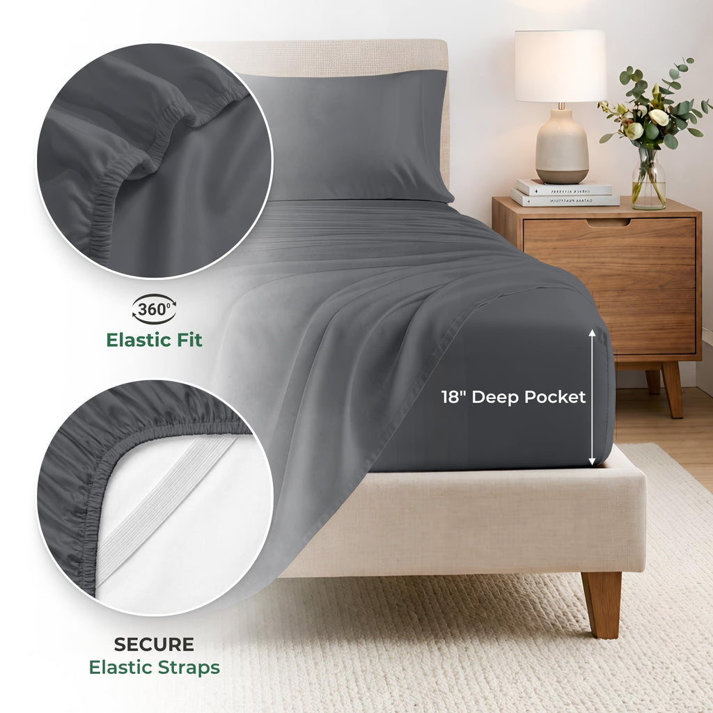 Luxury 4 Pc 100% Viscose derived from Bamboo Sheet Set -XL Size Silky Soft & Cooling Sheets for Hot Sleepers, 18"
