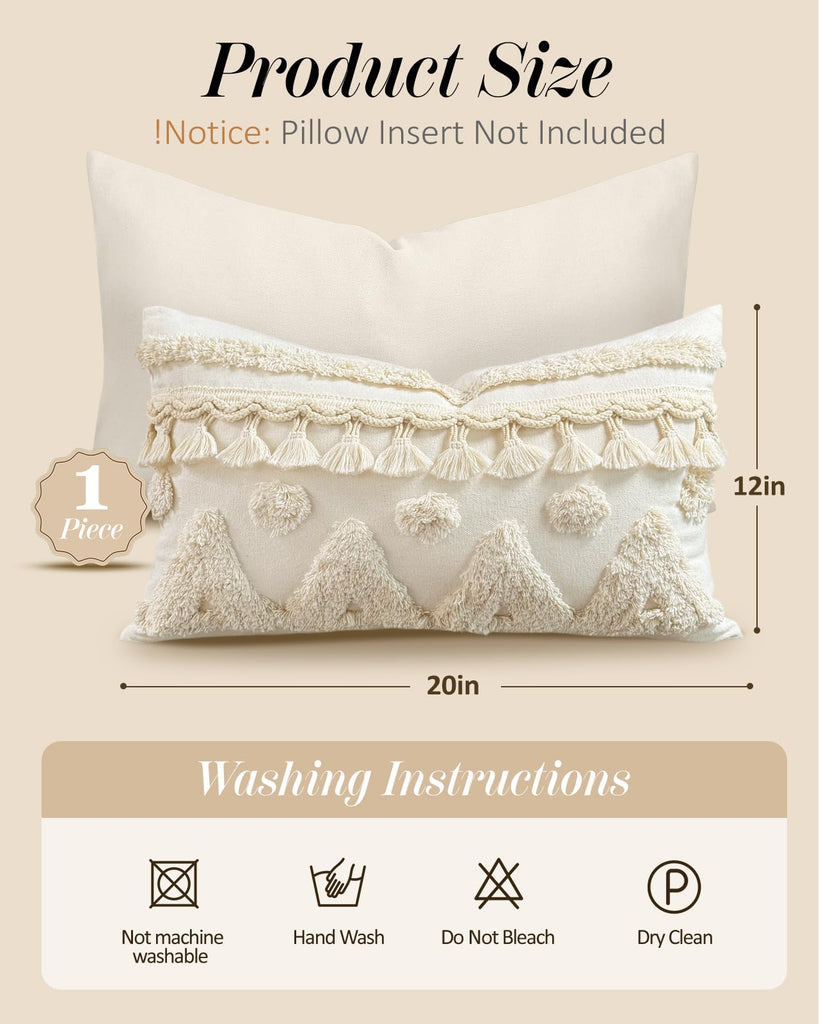 Lumbar Pillow Covers 12x20 - Tufted Boho Decorative Throw Pillow Cover with Zipper for Couch Sofa Bed Living Room
