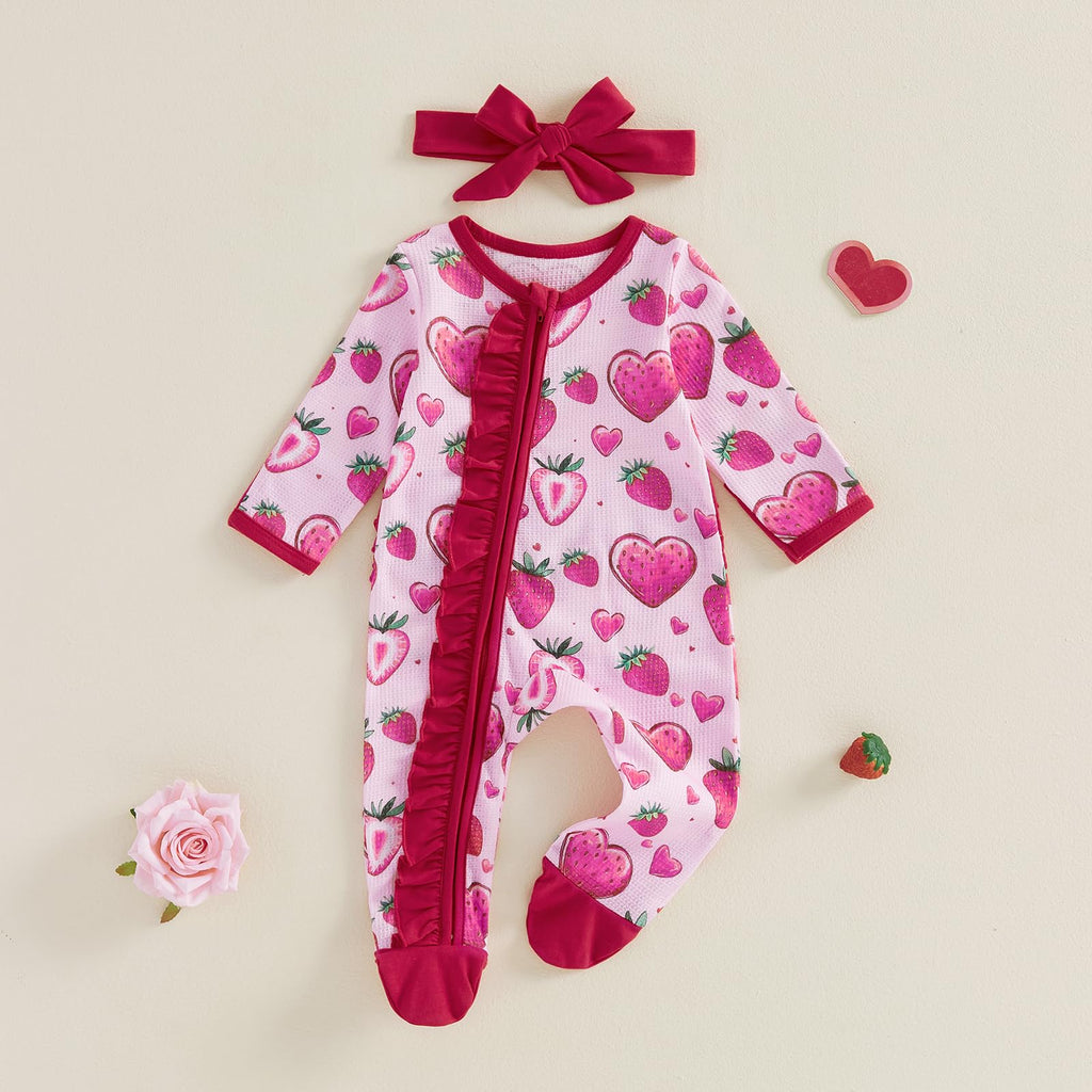 Girl Valentines Outfits Bowknot Long Sleeve Zipper Footie Romper Newborn Jumpsuit Bodysuit Coming Home Outfit (Pink