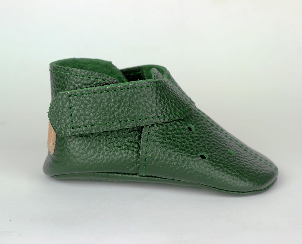 Handmade Genuine Leather Baby Shoes, Emerald Green Soft Sole Infant Moccasins, Perforated Toddler Booties, Newborn