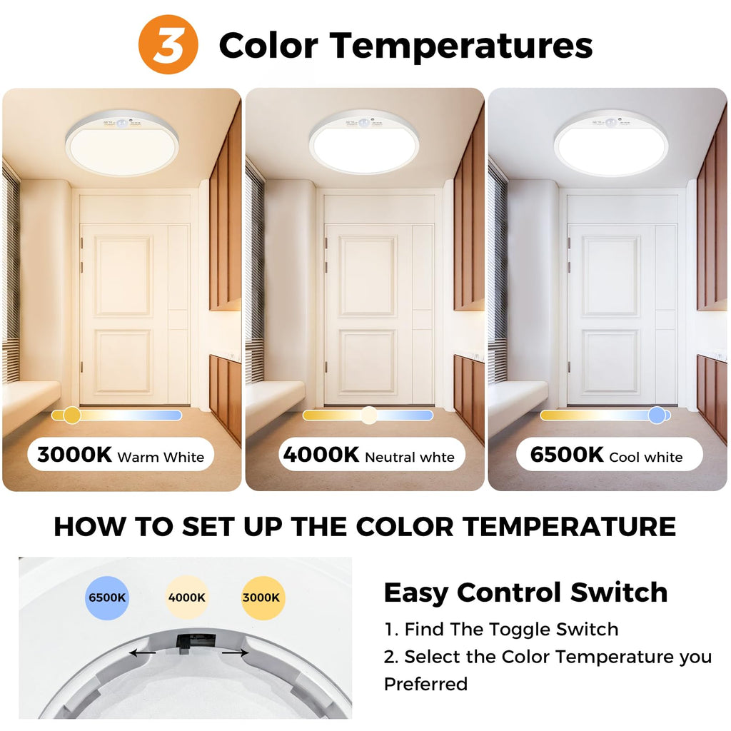 2Pack Motion Sensor Light Indoor Wired, 12 Inch 3000K/4000K/6500K Closet Lights Motion Sensored, 24W Flush