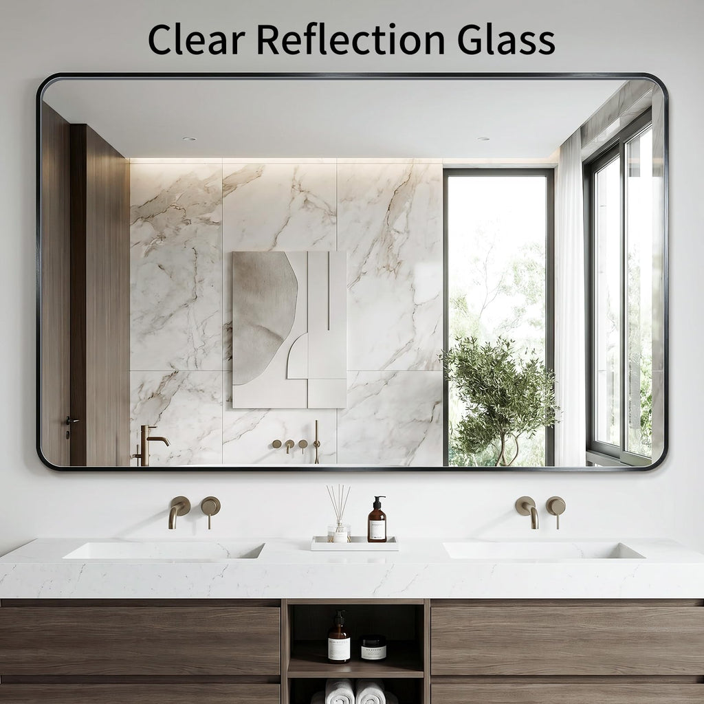 Bathroom Mirror, 30X36 Inch Black Metal Framed Mirror, Tempered Glass, Anti-Rust, Rounded Rectangle Mirror for