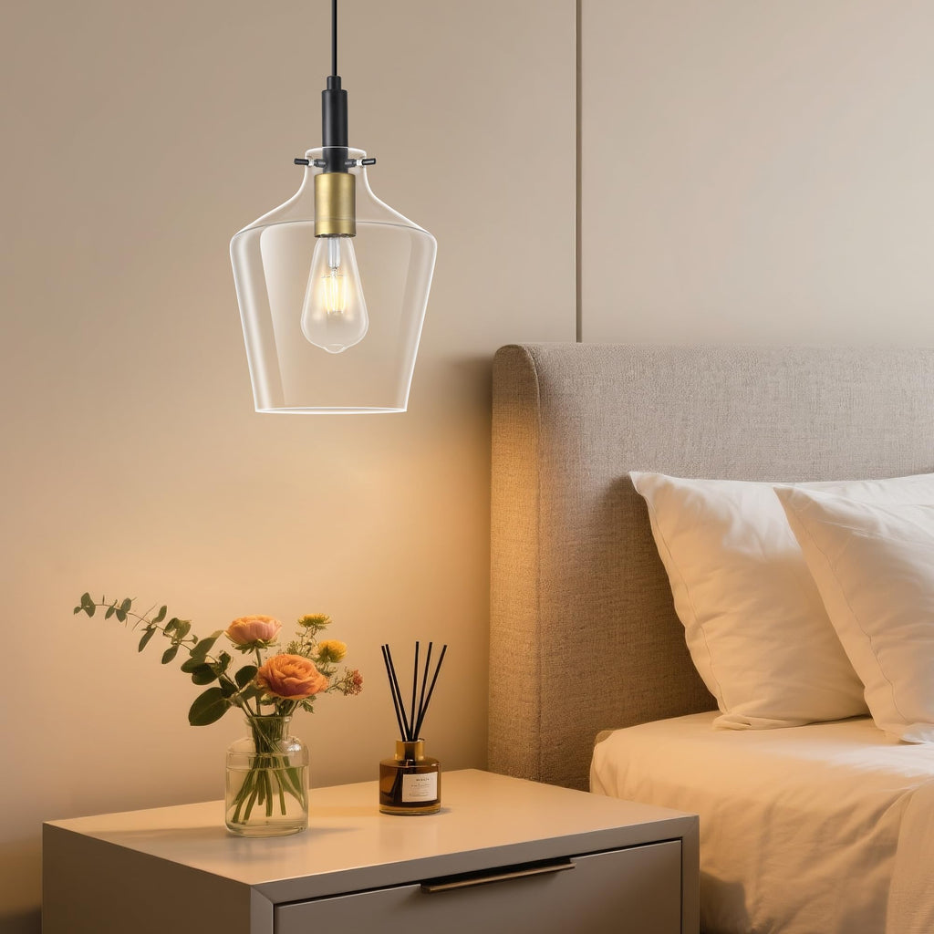 Modern Pendant Light Fixture Island, Farmhouse Black and Gold Brushed Brass Adjustable Hanging Light With Clear