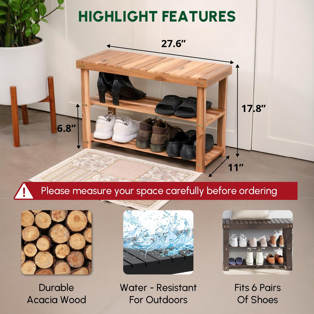 Acacia Wooden Shoe Rack Bench, 3-Tier, Natural