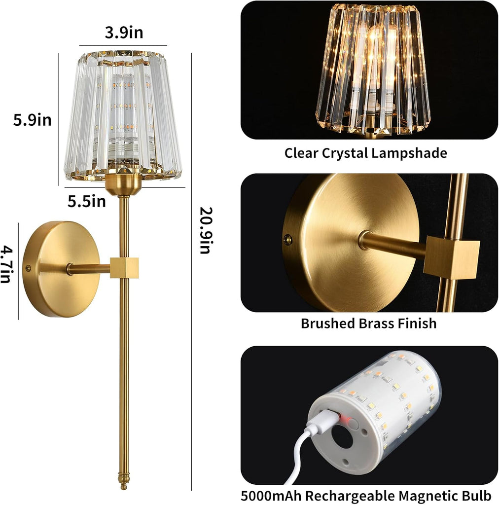 Battery Operated Crystal Wall Sconces Set of 2, Gold Wireless Wall Sconce with USB Rechargeable LED Light Bulbs 12