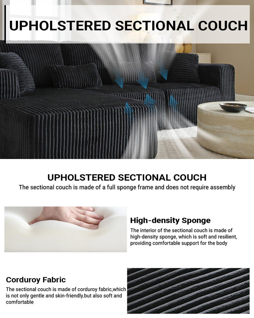 110" Cloud Sectional Couch, Modular Sectional Sofa with Deep Seat, Corduroy Upholstered Boneless Couch Bedroom, Left
