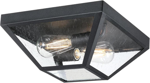 Wyndham 12 Inch Transitional Two-Light Outdoor Flush Mount Ceiling Light, Textured Black Finish, Clear Seeded Glass