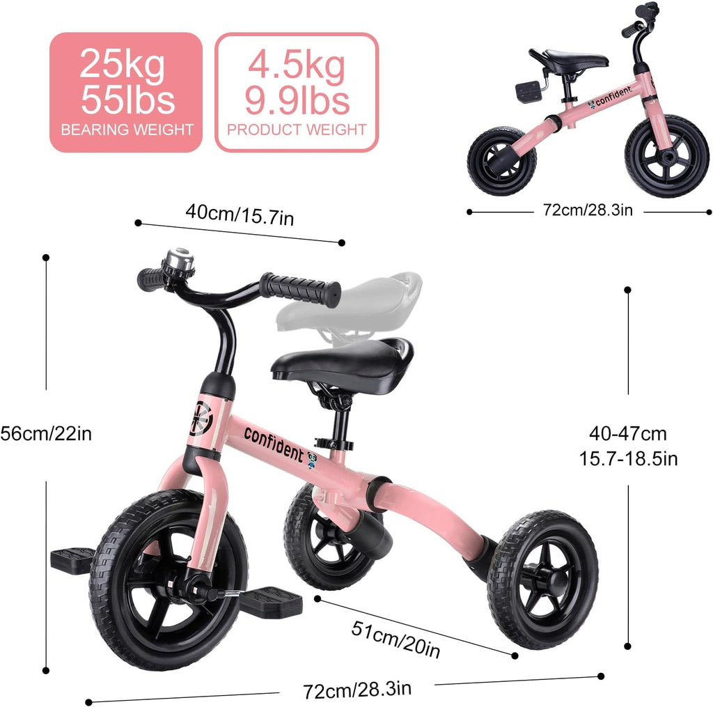 3 in 1 Tricycles for 3-5 Year Olds, Kids Balance Bike, Birthday Gift