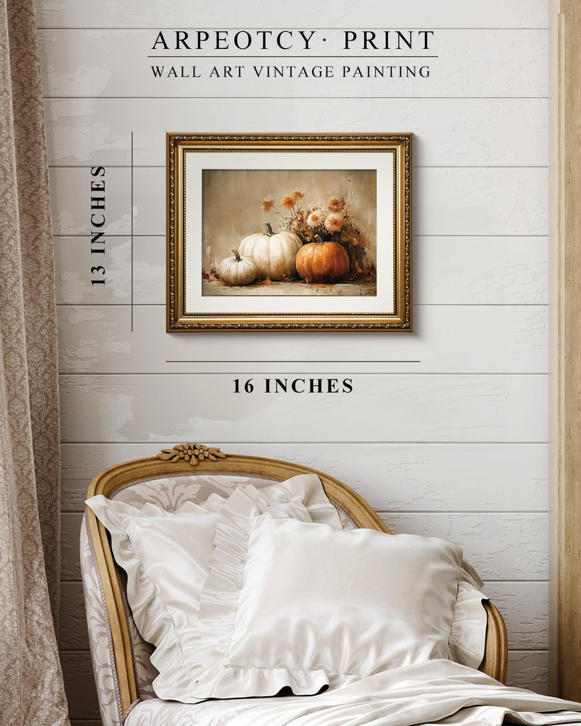 Gold Framed Canvas Wall Art, Autumn Pumpkin Art Prints, Fall Harvest Decor for Living Dining Room Kitchen Fireplace