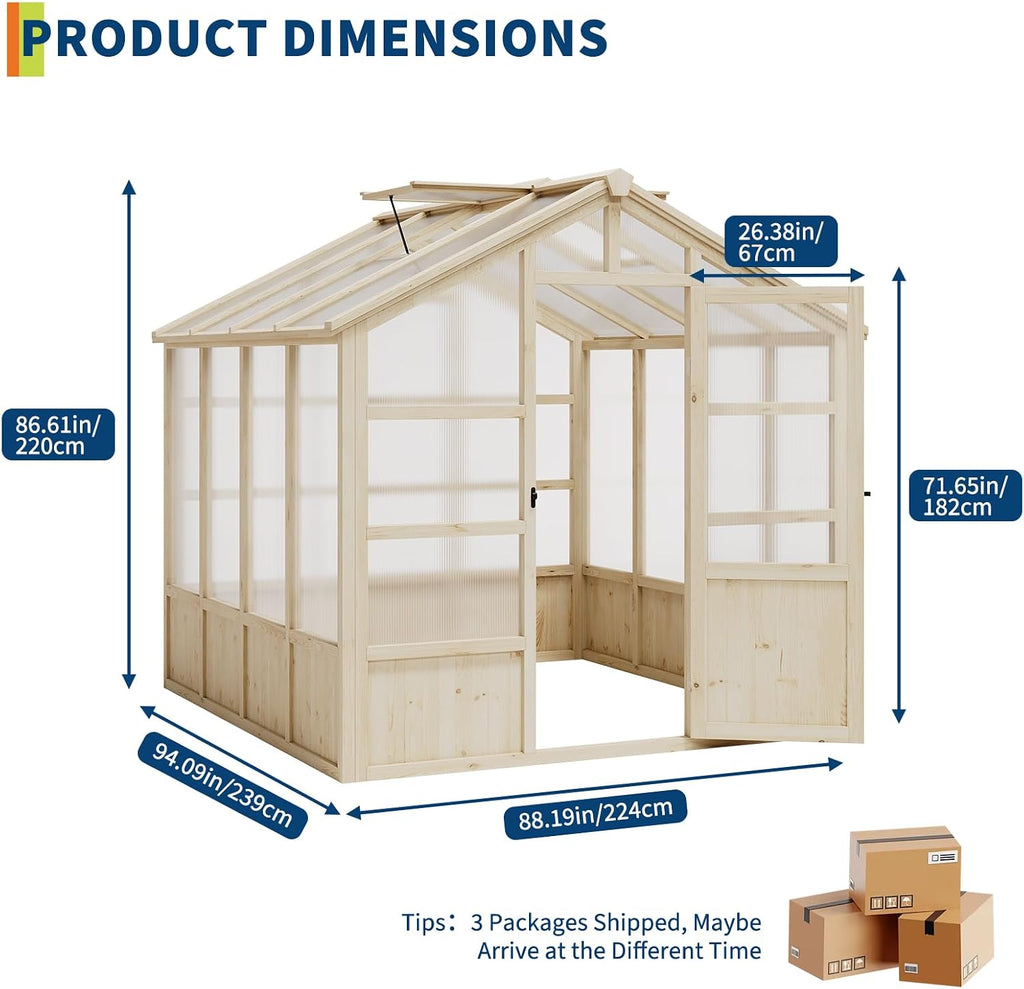 8x8FT Greenhouses for Outdoors, Wooden Greenhouse with Lockable Door, Wood Frame & Adjustable Vent, Polycarbonate