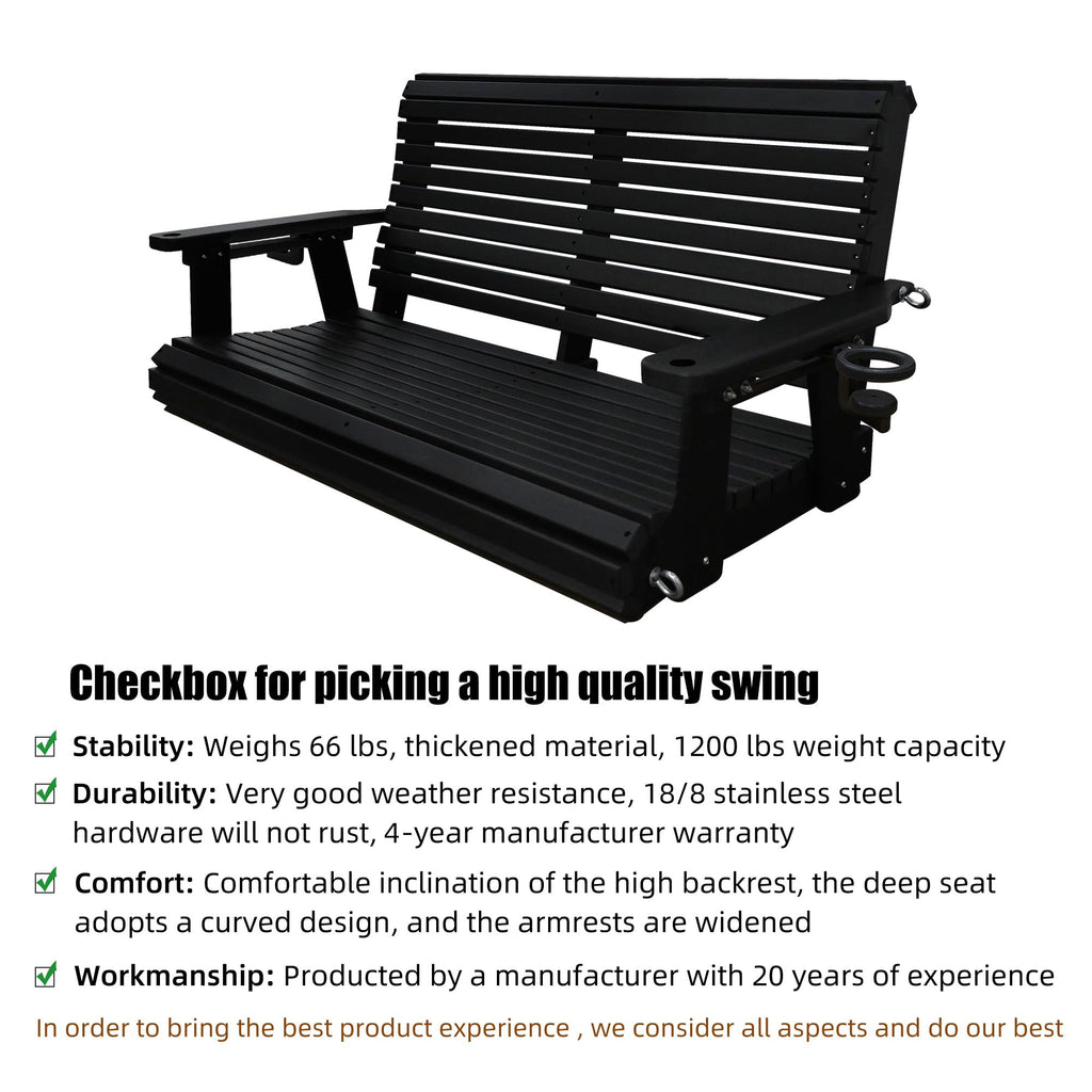 HDPE Porch Swing with 18/8 Stainless Steel Bolts, 4 FT, Iron Black