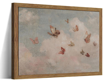 Framed Vintage Butterfly Canvas Wall Art, Dreamy Cloud Butterfly Poster Print, Soft Pastel Sky Nature Artwork, Retro