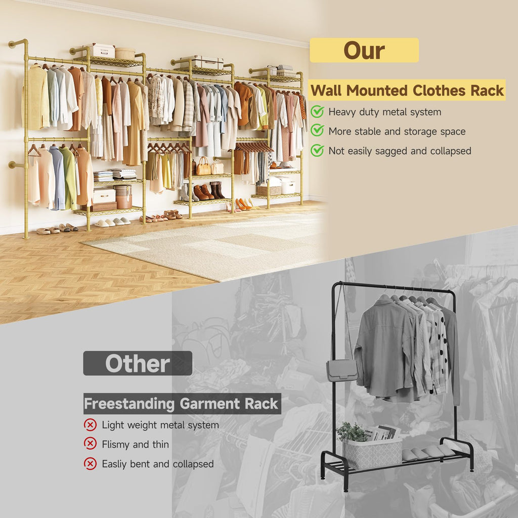 H6 Wall Mounted Closet System, Industrial Pipe Clothes Rack, Gold