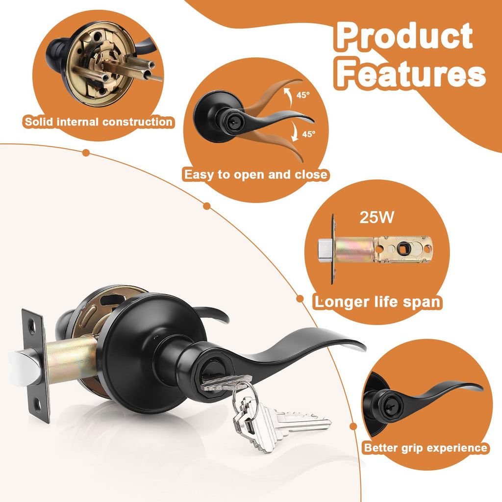 4 Pack Black Entry Knobs with Lock and Key, Keyed Alike Lockset Combo Pack, Indoor and Outdoor Leversets, Reversible