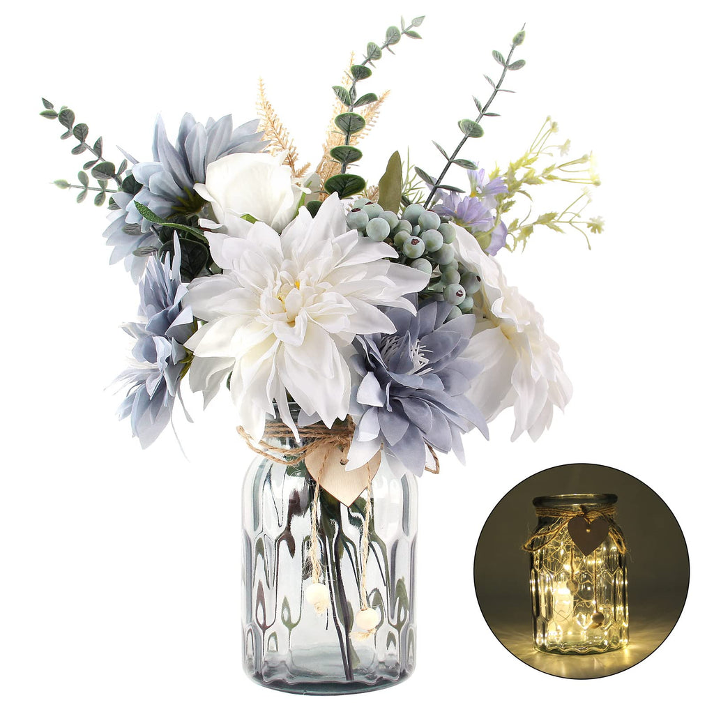 Fake Flowers with Vase, Silk Dusty Blue Rose Hydrangea Artificial Flowers in Vase Faux Dahlia Flowers Arrangement