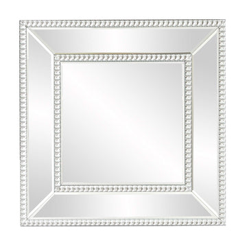 Elliott Bijou Hanging Square Mirror for Wall, Modern Bevelled Glass Frame Mirror with Silver Beaded Border, Accent