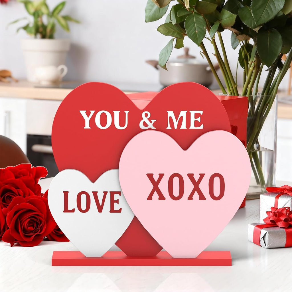 Valentines Day Decorations, 8.7 Inch Valentine Table Decorations Wooden Heart Sign with Letter LOVE XOXO, Valentines