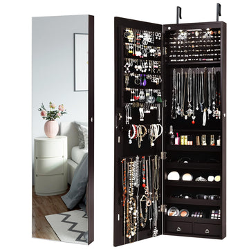 Jewelry Armoire Wall or Door Mounted, Full-Length Mirror with Storage, Lockable Mirror Jewelry Cabinet w/ 2 Drawers