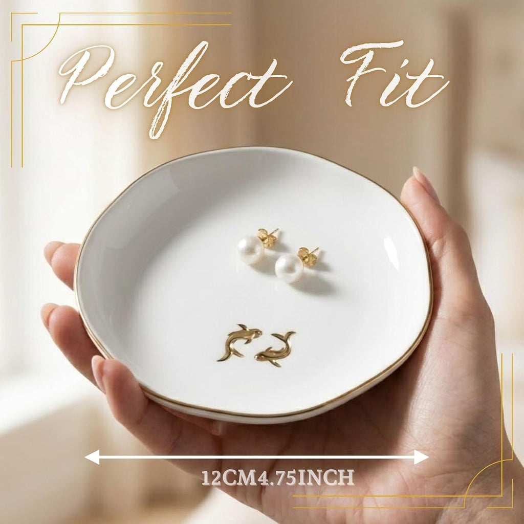 Japanese Gifts for Women, KOI Fish Gift - 4.75" Handcrafted Ceramic Ring Dish with Gold Trim, Decorative Trinket Dish